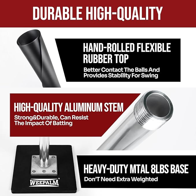 Batting Tee for Baseball/Softball, Premium Hitting Tee with Handrolled Rubber Top,Aluminum Stem,Metal Base,Easy Setup Baseball Tee Height Adjustable 24-46 inch for Kids and Adults-StrideForce Fitness
