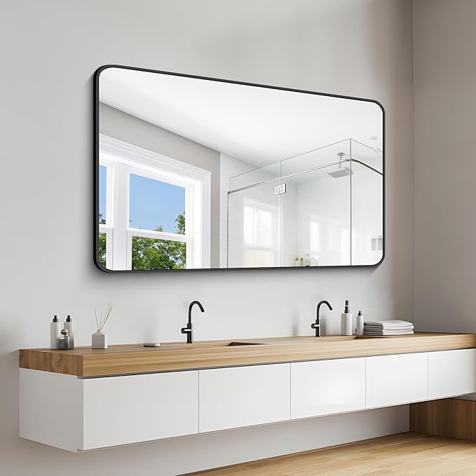 60" x 36"Bathroom Mirror, Matte Black Wall Mirror with Metal Frame, Decorative Rectangular Vanity Mirror for Bedroom Bathroom Living Room Entryway (Horizontal/Vertical)-StrideForce Fitness