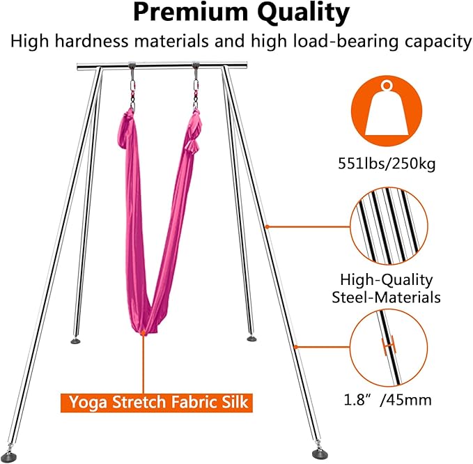 TECSPEC 9.6 FT/115.3 Inch Adjustable Height Aerial Yoga Frame & Hammock, Professional Swing Stand with 18 FT/33FT Aerial Silk, 550lbs Max Capacity-StrideForce Fitness