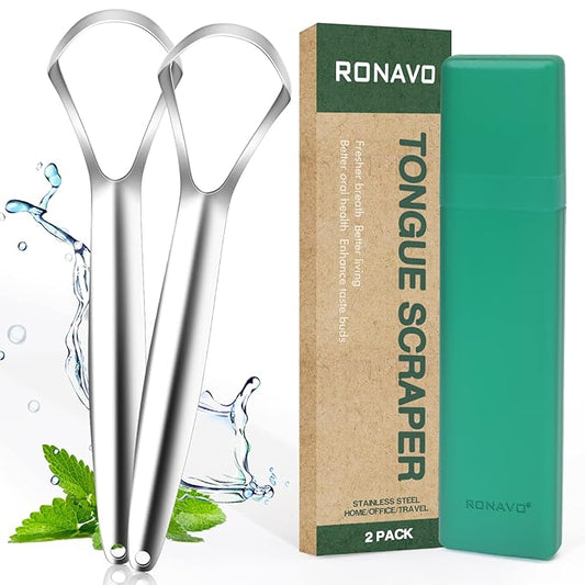 RONAVO Tongue Scraper (2 Pack), Cure Bad Breath, Stainless Steel Tongue Cleaners, Metal Tongue Scrapers Fresher Breath in Seconds