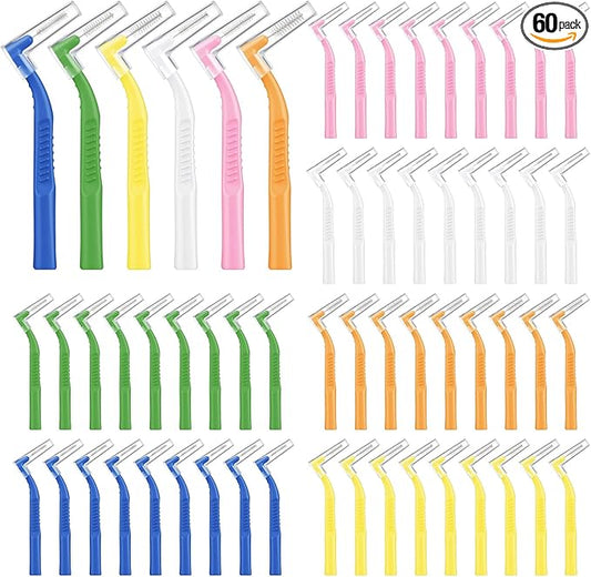 60pcs Interdental Brushes, 6 Sizes Braces Brush Kit, Soft Bristled Dental Picks for Teeth Cleaning, Non-Slip Flossers for Braces with Angled Head, Suitable for Teeth Gaps Cleaning, Oral Care