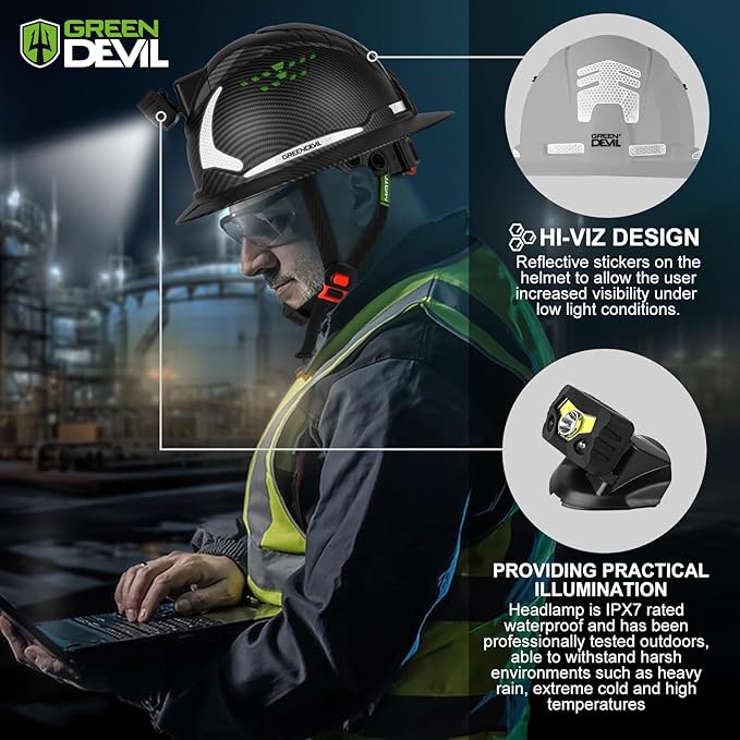 GREEN DEVIL Matrix Full Brim Hard Hat with Headlight Vented Construction Safety Helmet OSHA Approved Cascos De Construccion Work Hardhat for Men&Women-StrideForce Fitness