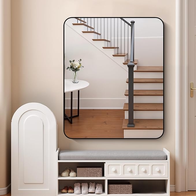 FORBATH Black Bathroom Mirror 40 x 48 Inch, Rectangular Vanity Mirror Wall Rounded Corner Metal Framed Bathroom Mirror for Living Room Bedroom Entryway Decor (Horizontal/Vertical)-StrideForce Fitness