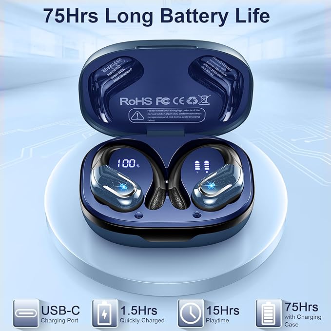 Wireless Earbud, Bluetooth 5.4 Headphones IP7 Waterproof Sport, 75Hrs Running Wireless Earphones with ENC Noise Canceling Mic, Deep Bass Over Ear bud with Earhooks for Android, iOS, Workout, Gym, Blue-StrideForce Fitness
