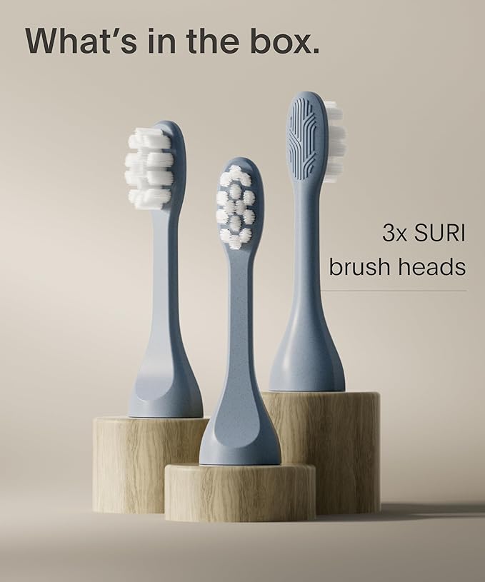 Suri Recyclable Plant-Based, Electric Toothbrush Heads - Built-in Tongue Scraper, Long Lasting Replacement Heads | Compatible Only with Suri Sonic Electric Toothbrush - Morning Waves, Pack of 3