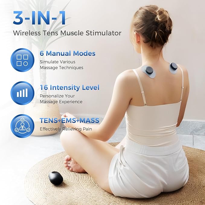 KingPavonini Wireless TENS Unit, Muscle Stimulator for Pain Relief, Portable Rechargable TENS EMS Machine, LED Screen, Remote, Dual Channel 6 Modes 16 Intensity Massager, Charging Case (4 Pads)-StrideForce Fitness
