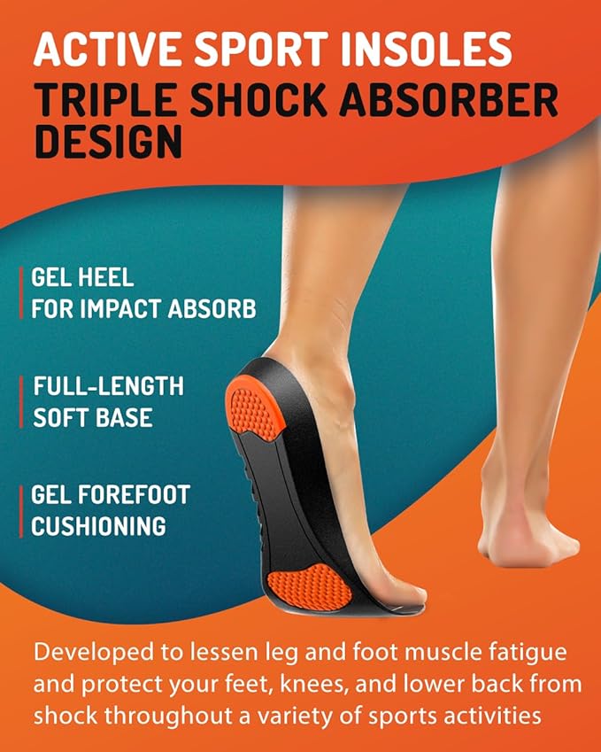 Sport Shock Absorbing Insoles - Athletic Shoe Cushioning Inserts for Men and Women - Ideal for Active Sports Running Training Hiking - Neutral Arch Good for Sneakers Shoes, L-StrideForce Fitness