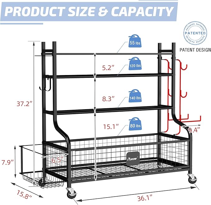 PLKOW Dumbbell Rack, Weight Rack for Dumbbells, Home Gym Storage for Dumbbells Kettlebells Yoga Mat and Balls, All in One Workout Storage with Wheels and Hooks, Powder Coated Finish Steel-StrideForce Fitness