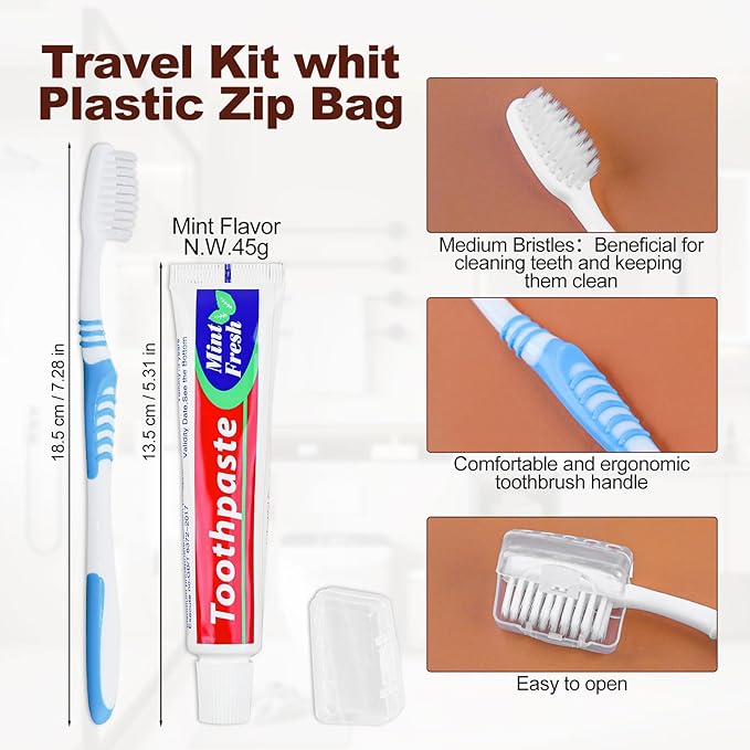 Disposable Toothbrushes with 45 Grams Toothpaste Individually Wrapped, Travel Kit Whit Plastic Zip Bag,Toothbrush Head Cover, Bulk Toothbrush for Homeless,Travel,Shelter,Air Bnb,Hotel,Guest(50)
