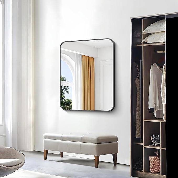 30x36 inch Bathroom Mirror,Black Rectangle Mirror,Wall Mounted Bathroom Frame Vanity Mirror with Round Corner for Bedroom Living Room, Entryway Hangs Horizontal or Vertical-StrideForce Fitness