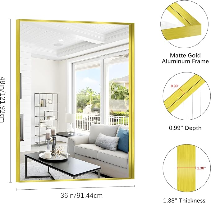 Gold Bathroom Mirror, 36x48 Inch Rectangular Framed Mirror, Large Wall Mounted Bathroom Vanity Mirror Over Sink for Bedroom,Restroom, Living Room, Hangs Vertically or Horizontally-StrideForce Fitness
