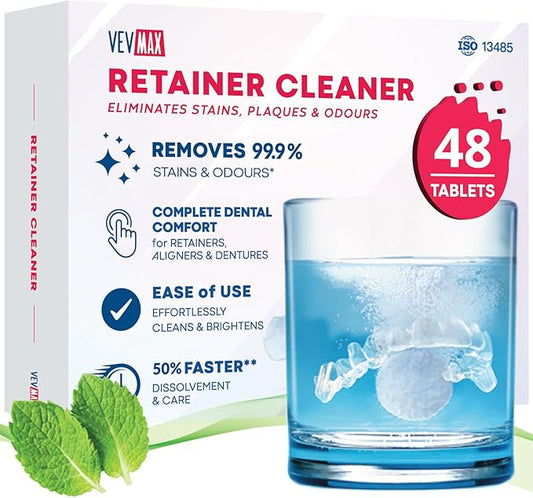 Retainer Cleaner Tablets - 48 Tablets (1.5 Months Supply) - Denture Cleaning, Removes Stains & Odours, Freshens Aligners, Mouthguards, Nightguards - Perfect for Ultrasonic Retainer Cleaner