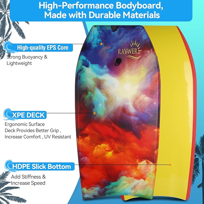 Body Board Lightweight with EPS Core, HDPE Slick Bottom, Leash & Adjustable Wrist Rope, Great Surfing for Kids and Adults-StrideForce Fitness