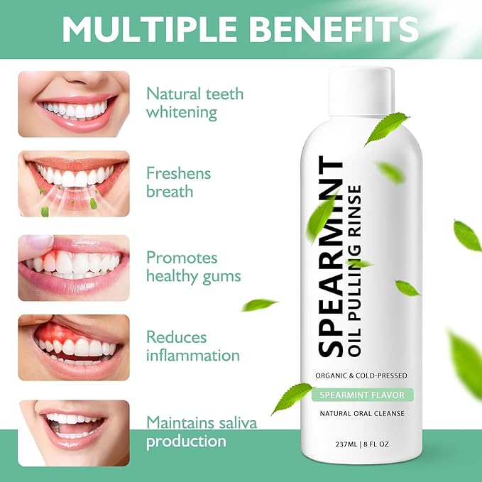 Spearmint Oil Pulling Rinse, Cold-Pressed Coconut Mouthwash for Teeth Whitening, Natural Peppermint Pulling Oil, for Breathe Mouth,Gentle Deeply Cleans (8FLOZ)