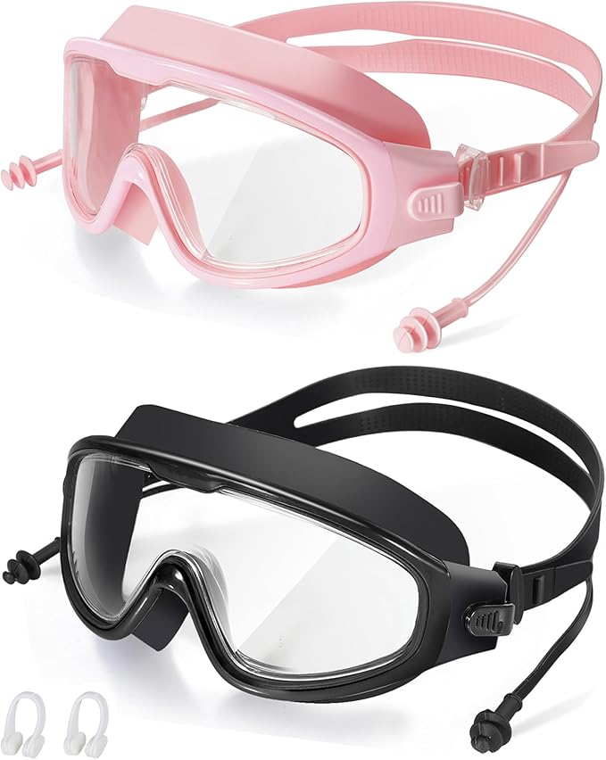 Adult Swimming Goggles,Leak-Proof,Anti-Fog Pool Glasses,Wide View Swim Goggles with Ear Plugs and Nose Clip-StrideForce Fitness