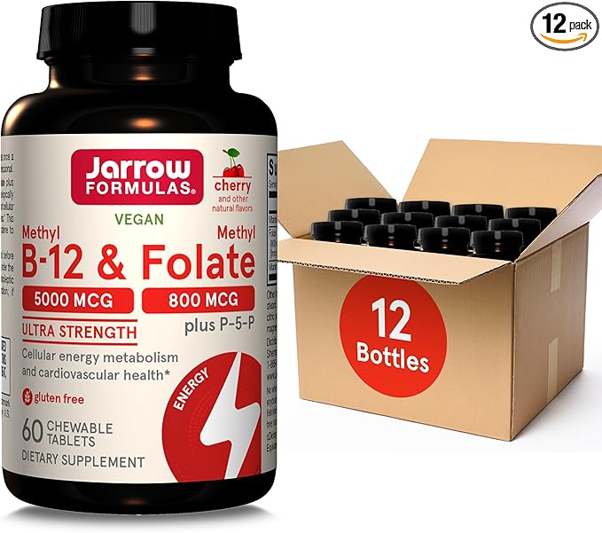 Jarrow Formulas Ultra Strength Methyl B-12 5000 mcg & Methyl Folate 800 mcg + P-5-P, Supplement for Cellular Energy Metabolism and Cardiovascular Support, 60 Chewable Tablets, 60 Day Supply, 12 Packs-StrideForce Fitness