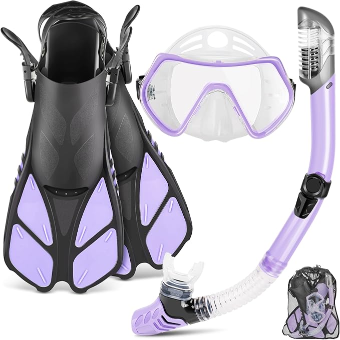 ZEEPORTE Mask Fin Snorkel Set, Travel Size Snorkeling Gear for Adults with Panoramic View Anti-Fog Mask, Trek Fins, Dry Top Snorkel and Gear Bag for Swimming Training, Snorkeling Kit Diving Packages-StrideForce Fitness