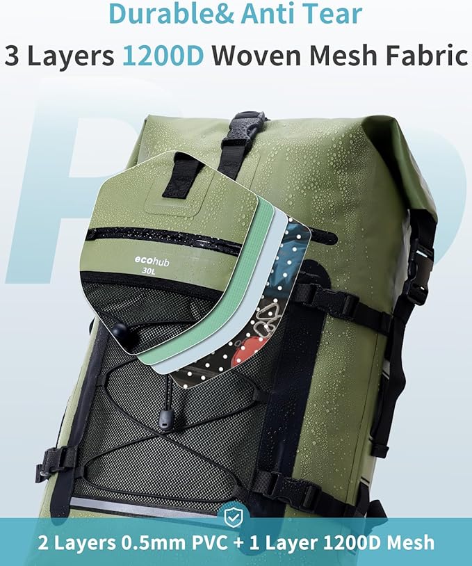 ECOHUB Waterproof Backpack for Women Men, 30L Roll-Top Closure Heavy Duty Dry Bag for Travel with IPX8 Waterproof Phone Case-StrideForce Fitness