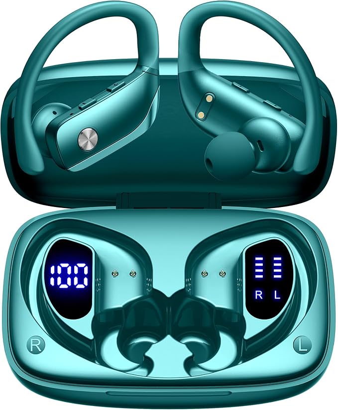 bmani Ear Buds Wireless Earbuds Bluetooth Headphones with 80H Playtime LED Display Case, Over-Ear Hook with Mic, Stereo Sound, Easy Button Controls, Sports Earphones for Running Workout Gym Green-StrideForce Fitness