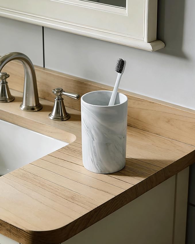 Kelake Ceramic Rustic Gray Marble Bathroom Tumbler Cup for Mouthwash Rinsing Toothbrush and Toothpaste Holder Stand Cups 280 ml Porcelain Milk Drinking Cups for Christmas Birthday