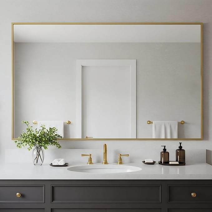 24x40 Inch Brass Bathroom Mirror for Wall, Aluminum Frame Rectangle Rectangular Vanity Mirror, Modern Large for Bedroom, Living Room, Horizontal or Vertical-StrideForce Fitness