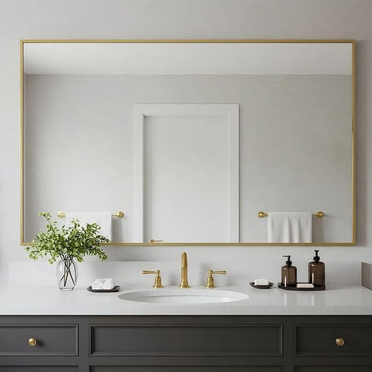 24x40 Inch Brass Bathroom Mirror for Wall, Aluminum Frame Rectangle Rectangular Vanity Mirror, Modern Large for Bedroom, Living Room, Horizontal or Vertical-StrideForce Fitness