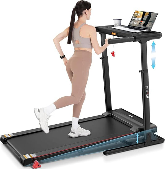 Treadmill with Desk Workstation & Adjustable Height, 300 LBS Weight Capacity, Folding Treadmill with 3 Level Incline, Bluetooth Speaker & App, Portable 2.5HP Walking Pad with Desktop for Home Office-StrideForce Fitness