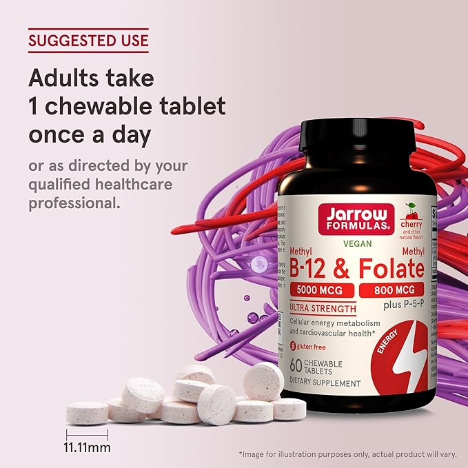 Jarrow Formulas Ultra Strength Methyl B-12 5000 mcg & Methyl Folate 800 mcg + P-5-P, Dietary Supplement for Cellular Energy Metabolism and Cardiovascular Support, 60 Chewable Tablets, 60 Day Supply-StrideForce Fitness