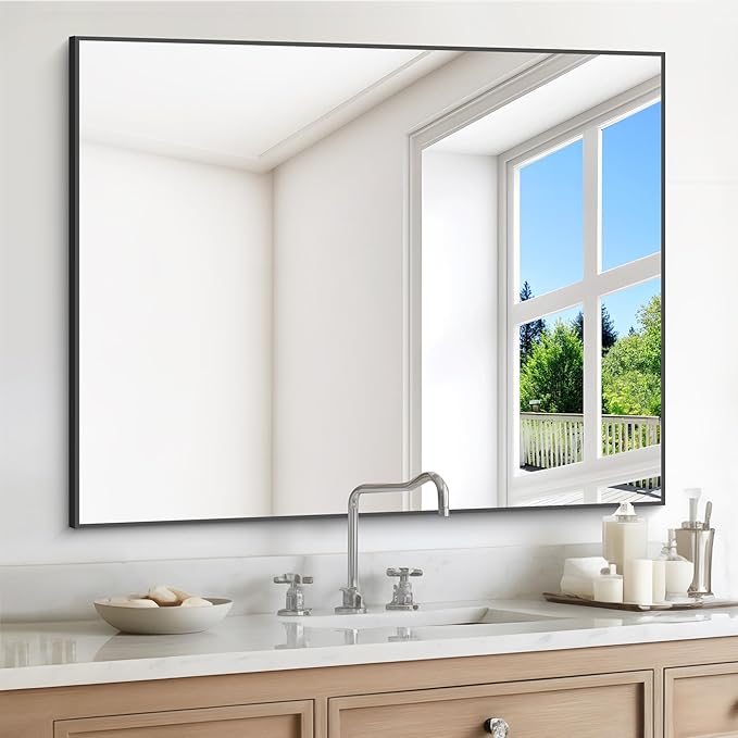 Black Bathroom Mirror for Wall, 30x36 Inch Rectangle Mirrors with Metal Frame, Modern Vanity Wall Mirror Decor for Entryway Hangs, Bathroom Living Room Horizontal or Vertical-StrideForce Fitness