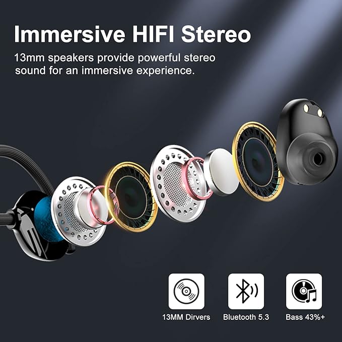 Wireless Earbuds, HiFi Stereo Sport Bluetooth 5.3 in-Ear Headphones with Earhooks, 48H Deep Bass, LED Display, Noise Cancelling, IP7 Waterproof Earphones Built-in Microphone for Running-StrideForce Fitness