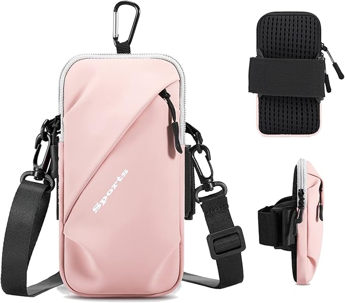 Phone Holder Arm Bands, Small Crossbody Shoulder Holsters Bag with Arm Band, Fits iPhone and All Cell Phones, Use for Running, Walking, Hiking & Biking (Plus Size,Pink)-StrideForce Fitness