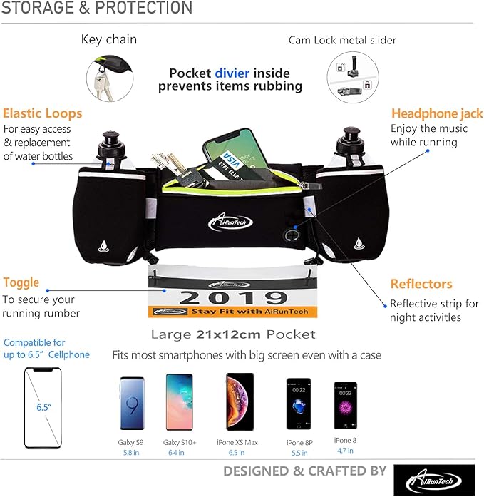AiRunTech Hydration Running Belt with Water Bottle, Running Fanny Pack for Phone and Wallet Holder, Running Bag Runners Essentials Accessories Marathon Triathlon Walking Jogging Gear Gift-StrideForce Fitness