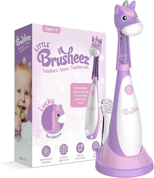 Brusheez Little Toddlers’ Sonic Toothbrush - Safe & Gentle Toothbrush for Ages 1-3 with Built-in, Light-Up 2-Minute Timer, Extra Brush Head, & Storage Base for First-Time Brushers (Lucky The Unicorn)