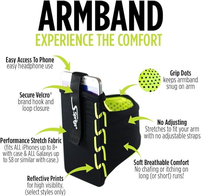 Sprigs Phone Armband Sleeve for iPhone 14, 13, 12, 11, X Galaxy Z, S22, S21, S20 Google Pixel 7, 6, 5. The Lightest & Most Comfortable Running Armband, Stretches to Fit All Phones with Case for Women & Men-StrideForce Fitness