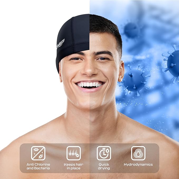 COOLMATE Fabric Swim Cap for Adult Women Men Kid 3 4 6 8 14 16, Silicone Water Resistant Layer, Cloth Swim Cap Gifts for Swimmers, Lightweight for Pool, Lap Swimming (1 pc)-StrideForce Fitness