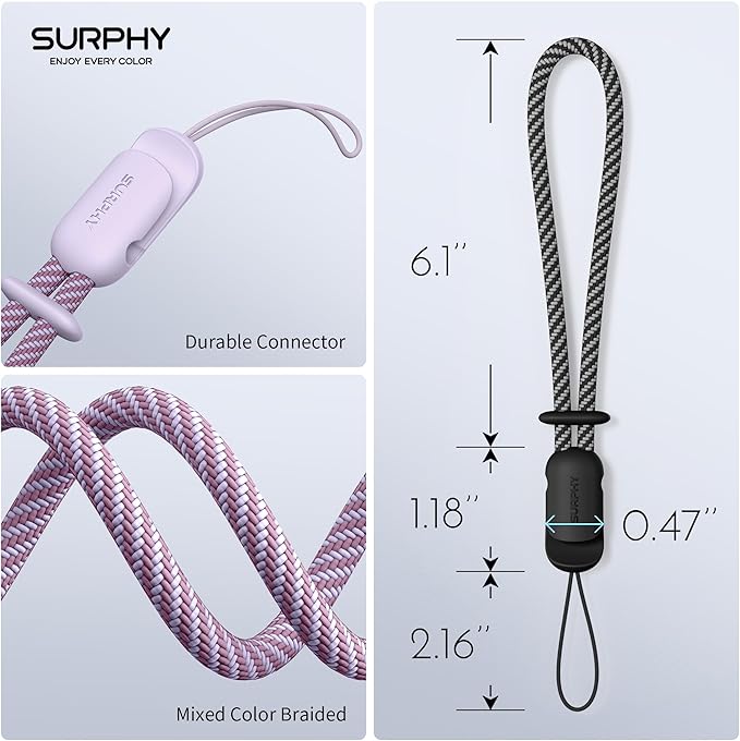 SURPHY 2 Pack Phone Lanyard for Cellphone Case, Phone Wrist Strap for Case, Cellphone Strap with 2-Color Braided, Charm Wrist Lanyard for Women, Cellphone Wrist Lanyard for Women, Black & Lilac
