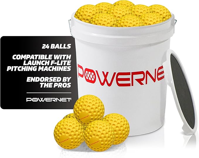 PowerNet Launch F-lite Softball & Baseball Pitching Machine, Dimpled Practice Balls, Bucket of Baseballs, Coaching Bucket Bundle for Pitching Machine, Baseball Training Equipment-StrideForce Fitness