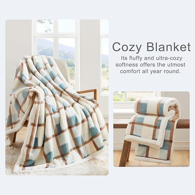 PU MEI Super Soft Faux Rabbit Fur Sherpa Fleece Throw Blanket, Reversible Luxury Cozy Cute Furry Blanket, Plush Warm Shaggy Fluffy Checkered Blankets for Sofa Couch Bed (Green-Plaid, 60" x 80")-StrideForce Fitness