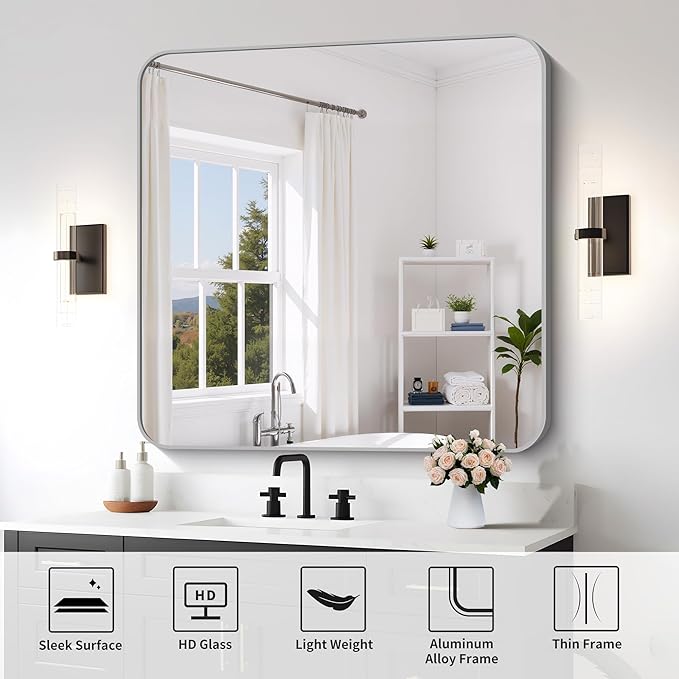 FORBATH 42x42 Inch Silver Bathroom Mirror for Over Sink, Large Square Wall Mirror with Metal Frame, Rounded Corners for Bathroom, Bedroom, Entryway Decor (Horizontal or Vertical)-StrideForce Fitness