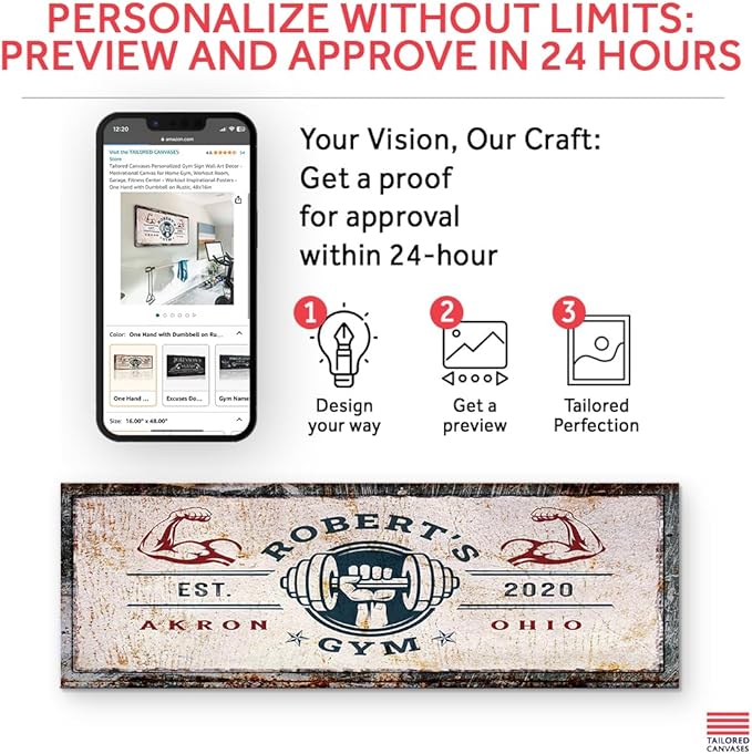 Tailored Canvases Personalized Gym Sign Wall Art Decor - Motivational Canvas for Home Gym, Workout Room, Garage, Fitness Center - Workout Inspirational Posters - One Hand with Dumbbell on Rustic, 36x12in-StrideForce Fitness