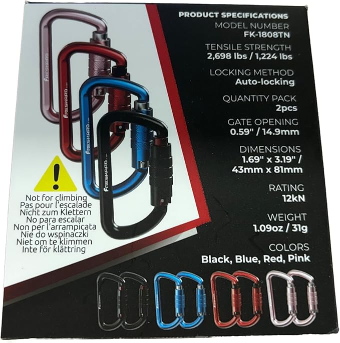 FresKaro 3inch 12kN-2698lbs Auto Locking Carabiner Clips, Solid D Shape, Heavy Duty 7075 Aluminum, Lightweight 1.09oz, Rust Proof, for Hammock, Hiking, Dog Leash, Keychain etc., Multi-Colors-StrideForce Fitness