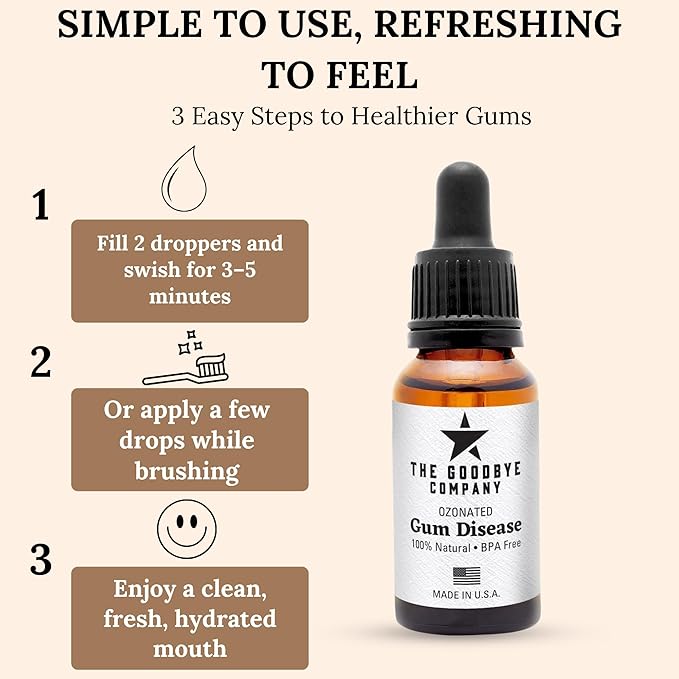 The Goodbye Company Ozonated Gum Treatment Oil – Home Remedy for Periodontal Disease & Gingivitis Relief – 100% Pure Clove & Neem Essential Oils for Healthy Gums, Soothes Pain & Stops Bleeding – 15 ml