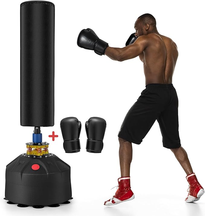 GYMAX Punching Bag, 68” Freestanding Boxing Bags with Gloves & Suction Cup Base, 220lbs Filled Punching Bag Stand for Adults, Kickboxing Bag for MMA Muay Thai Fitness-StrideForce Fitness