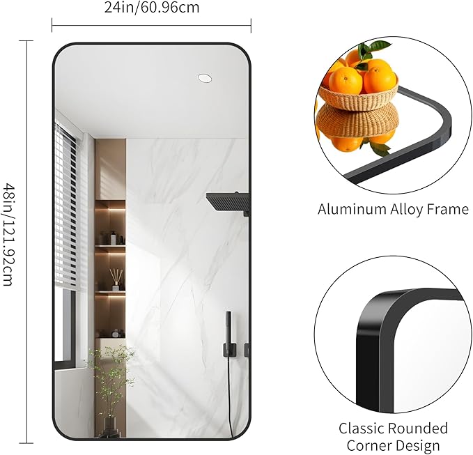 FORBATH Bathroom Mirror 48" x 24", Rectangle Black Narrow Bathroom Mirror with Black Aluminum Frame Rounded Corner, Wall Mounted Mirror for Bedroom Entryway Living Room-StrideForce Fitness