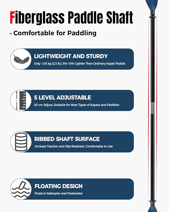 Angler Kayak Paddle with Fiberglass Shaft and Plastic Blade, Floating Adjustable Fihsing Kayak Oar, 220-240 cm/86-94", 240-260 cm/94-102", 260-280 cm/102-110"-StrideForce Fitness