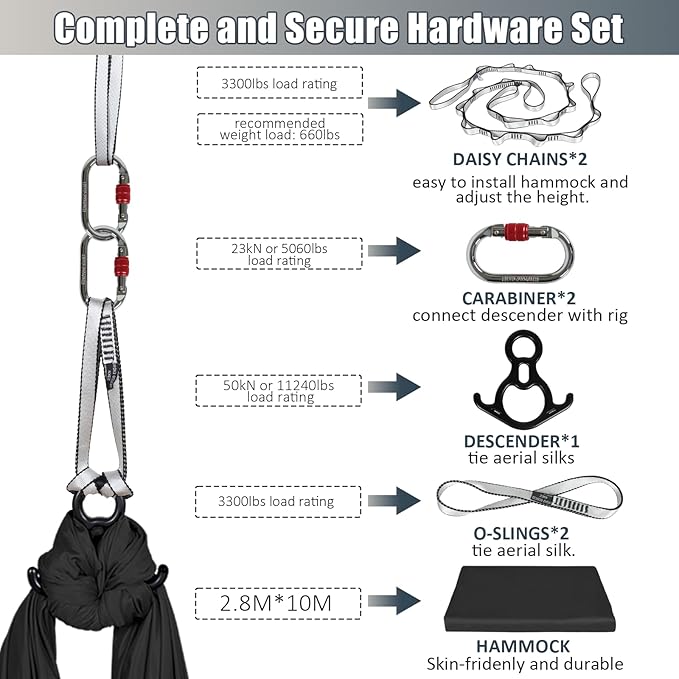 Aerial Silks Kit & Aerial Yoga Hammock - 11Yd Premium Fabric Hardware - Easy Setup for Flying Yoga, Aerial Swing & Fitness - Supports Up to 14ft Rigging-StrideForce Fitness