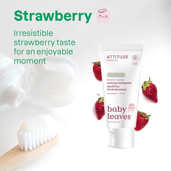 ATTITUDE Baby and Child Fluoride-Free Training Toothpaste, EWG Verified, Naturally Derived Ingredients, Vegan, Strawberry, 2.6 Oz