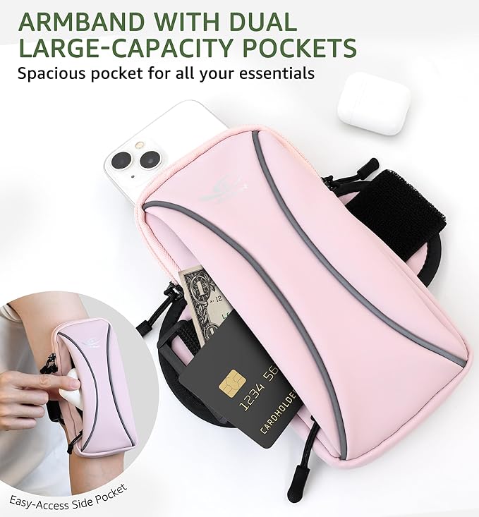 HiRui Arm Bag & Wrist Bag Phone Holder, Sports Running Armband for Gym, Cycling & Workout, Compatible with iPhone 16/15/14 Series, Samsung Galaxy & More, Reflective, Adjustable, Secure Fit (Pink)-StrideForce Fitness