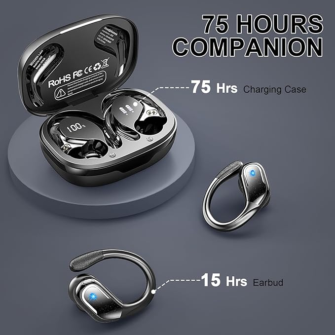 Wireless Earbuds, Sport Bluetooth 5.4 Headphones 2025 New Bluetooth Earbuds with 75Hrs Stereo, 4 ENC Mic, Noise Canceling Over-Ear Buds with Earhooks, IP7 Waterproof Earphones for Workout/Running/Gym-StrideForce Fitness
