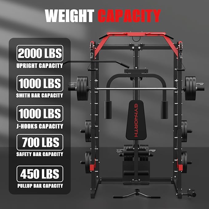 Smith Machine, Power Rack with LAT Pulldown System, Power Cage with Cable System, Squat Rack for Home Gym with Chest Press Machine, Spotter Arms, Leg Curl Attachment and More-StrideForce Fitness